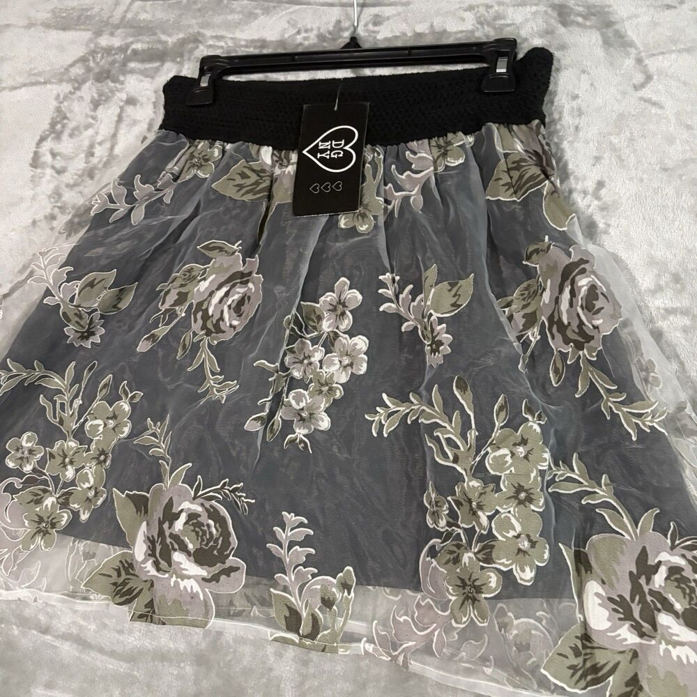Vintage DGNY Floral Mesh Overlay Skirt XL Smocked Waist Whimsigoth Fairy Goth
